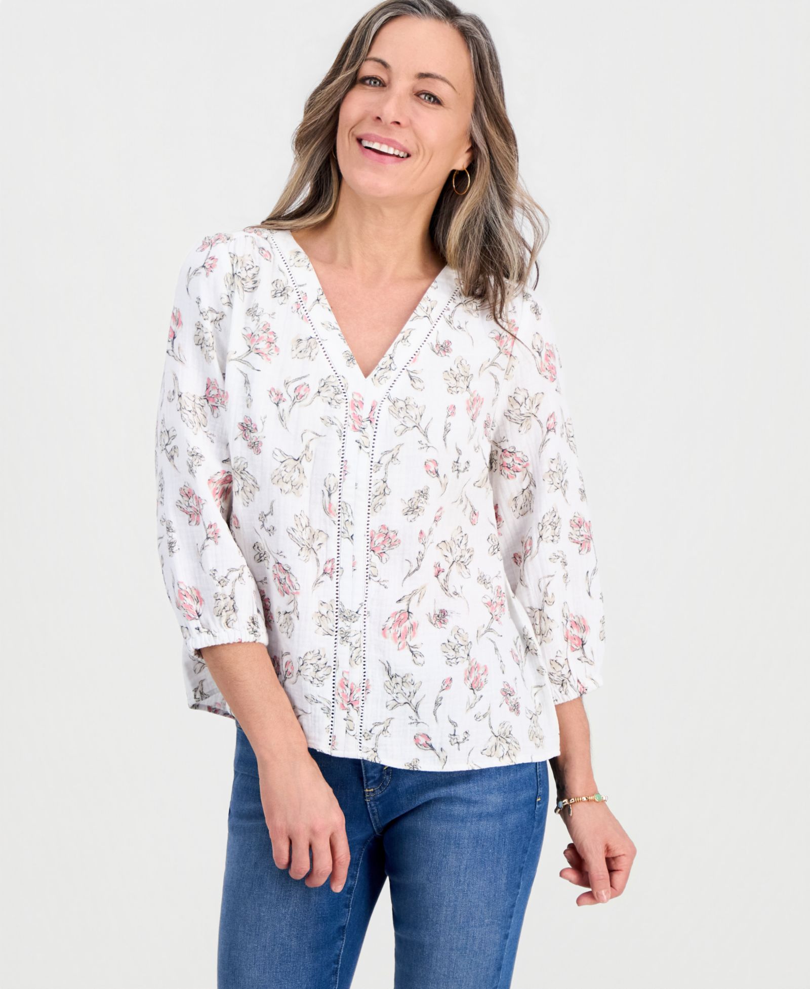 Style & Co Petite хлопковый топ 3/4-Sleeve Printed Gauze