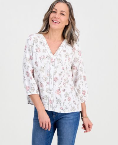 Style & Co Petite хлопковый топ 3/4-Sleeve Printed Gauze
