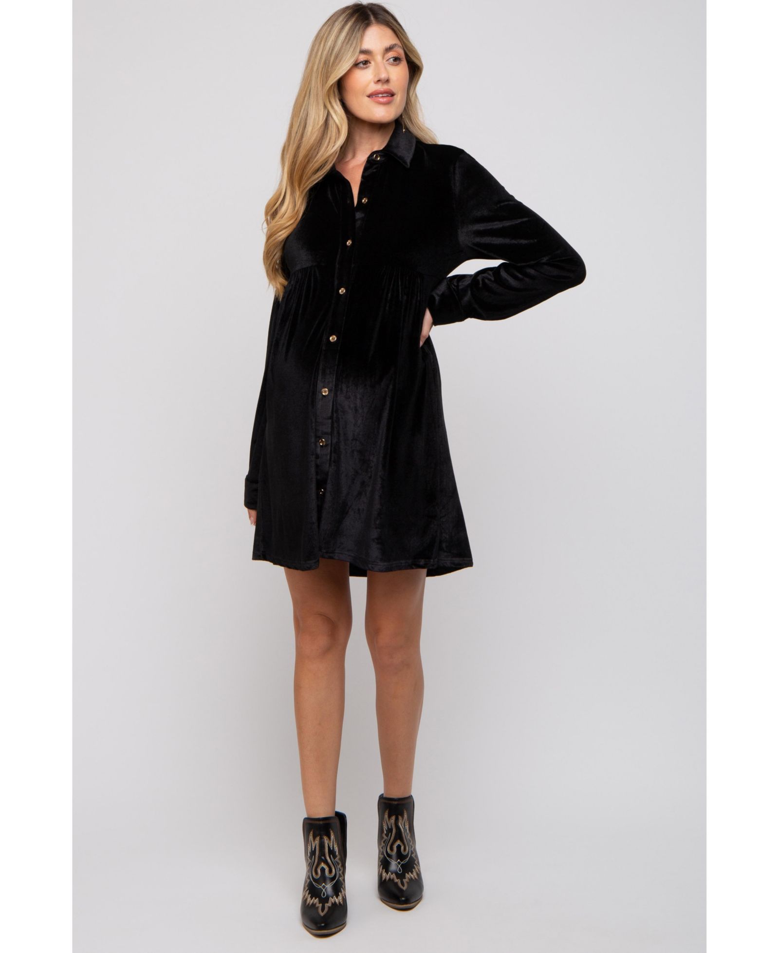 Pinkblush Women's Black Velvet Button Down Dress