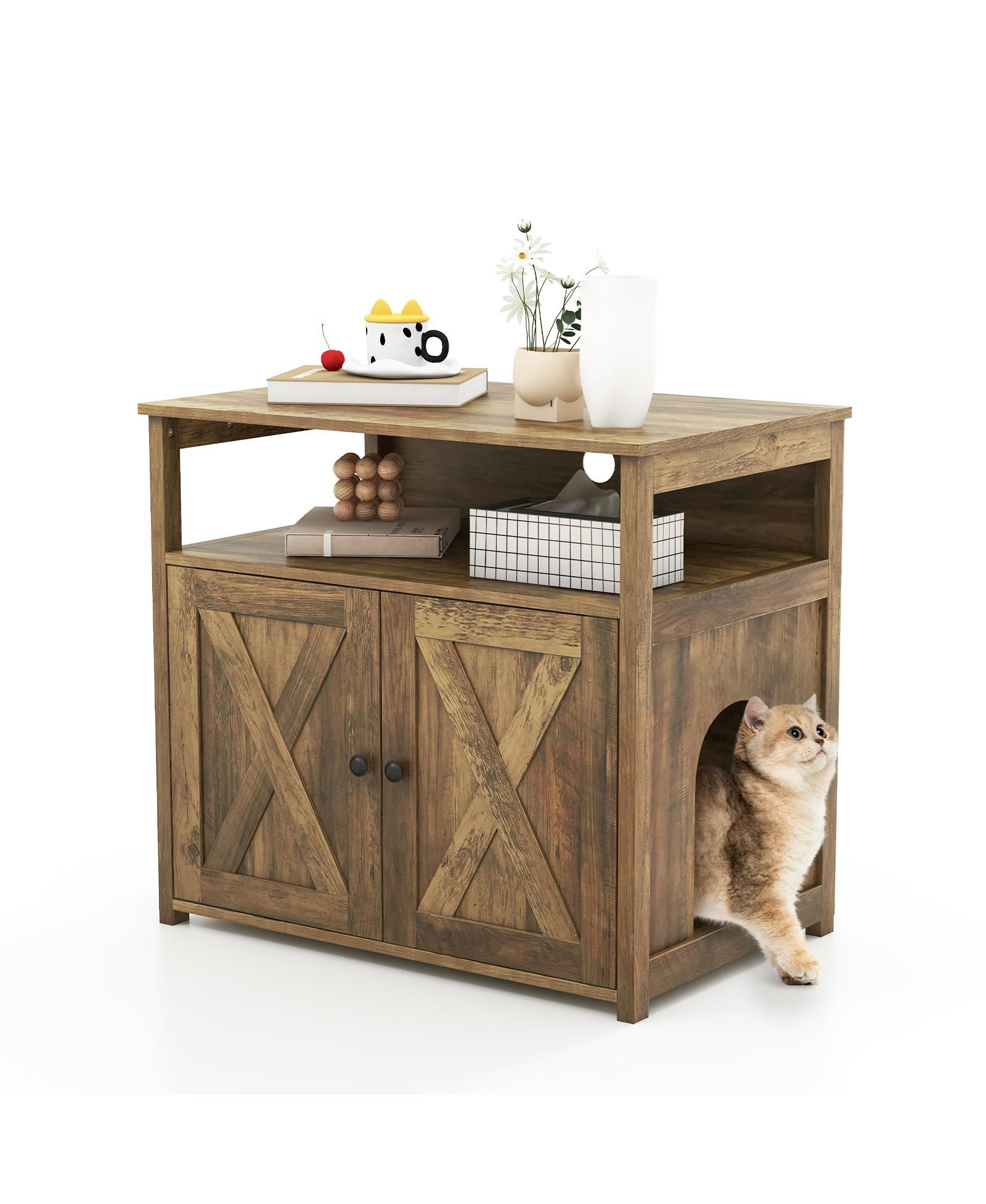 SKONYON Cat Litter Box Enclosure with Double Barn Doors, Divider, Side Entry and Storage Shelf