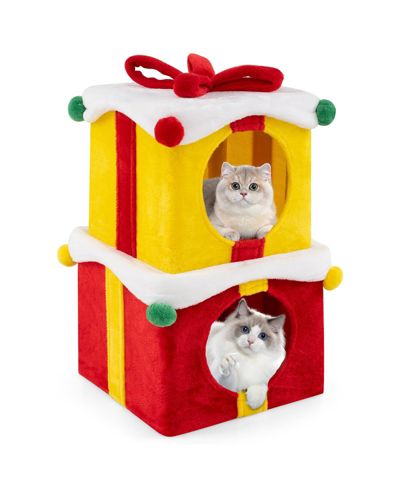 SKONYON 2 Gift Box Shaped Cute Christmas Cat House with Bow