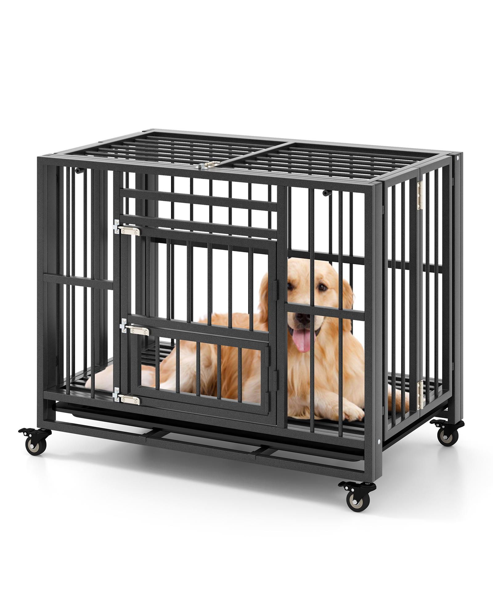 SUGIFT Foldable Heavy-Duty Metal Dog Cage Chew-proof Dog Crate with Lockable Universal Wheels