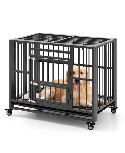 SUGIFT Foldable Heavy-Duty Metal Dog Cage Chew-proof Dog Crate with Lockable Universal Wheels
