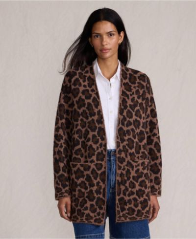 Lands' End Women's Fuzzy Jacquard Cardigan Jacket Sweater