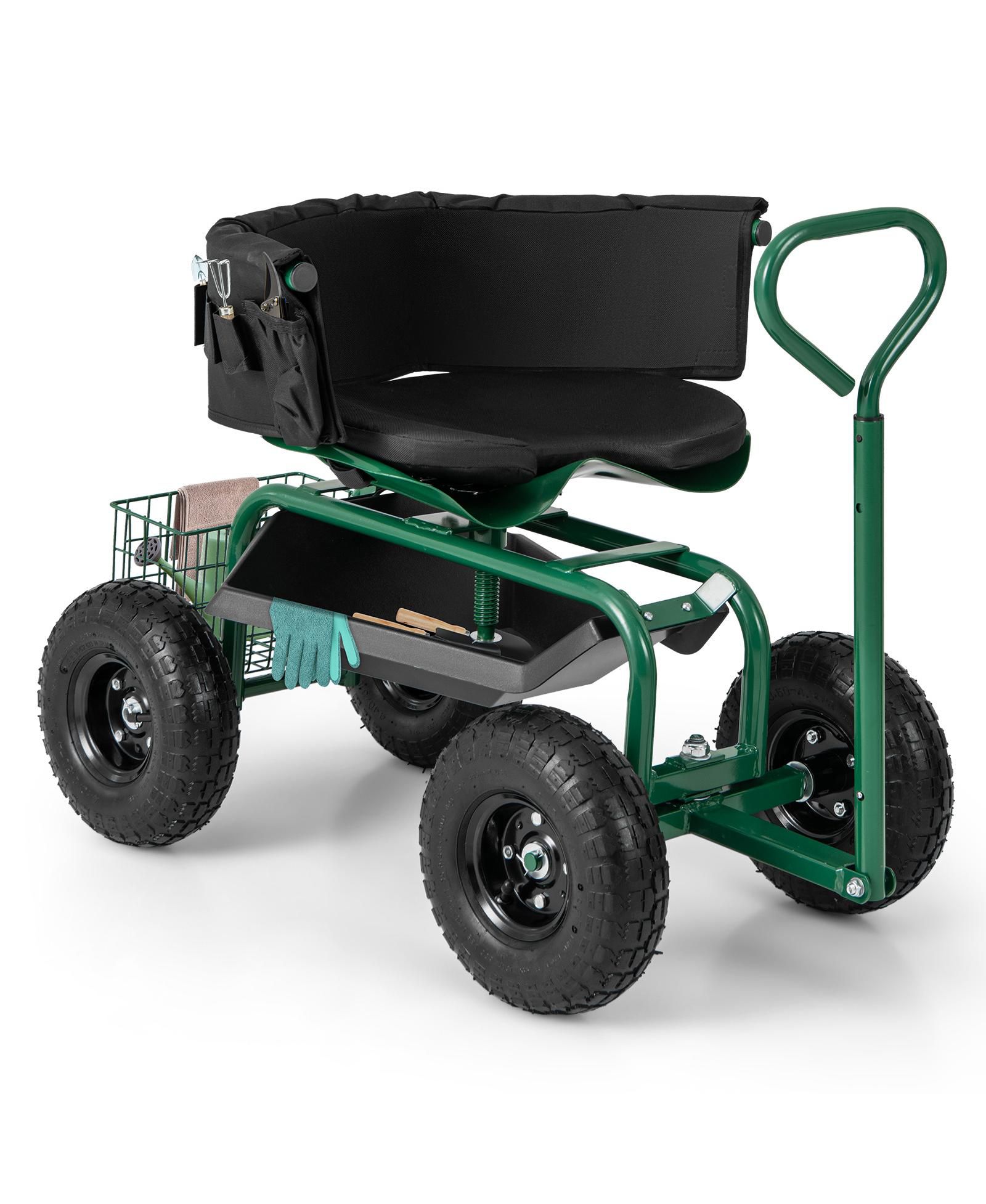 SUGIFT Cushioned Rolling Garden Cart Scooter with Storage Basket and Tool Pouch