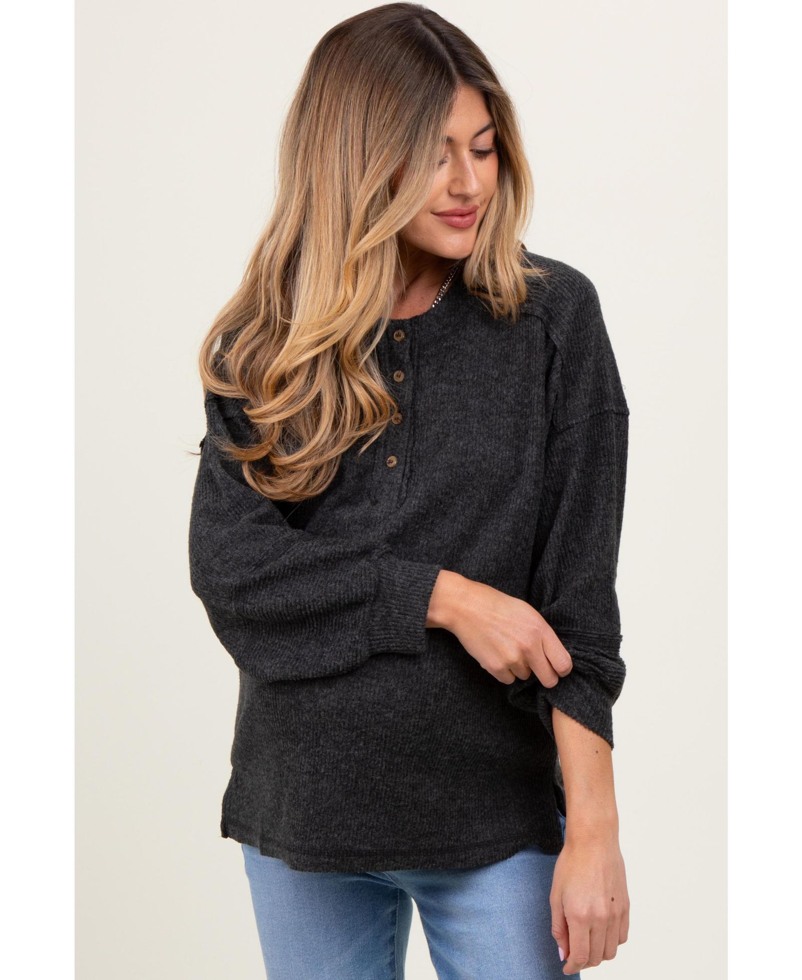 Pinkblush Women's Oversized Ribbed Knit Henley Sweater