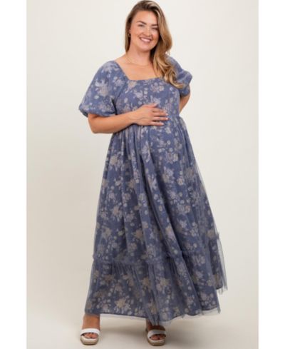 Pinkblush Women's Maternity Floral Mesh Square Neck Short Puff Sleeve Midi Dress