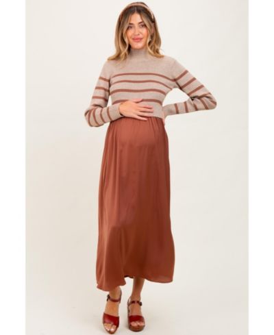 Pinkblush Women's Brown Striped Contrast Sweater Top Maxi Dress