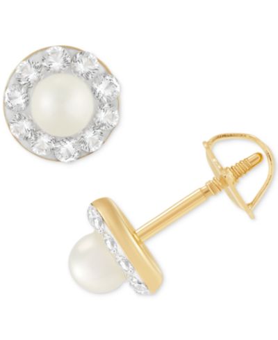 Серьги-гвоздики для детей с речным жемчугом (3mm) и кристаллом в 14k Gold