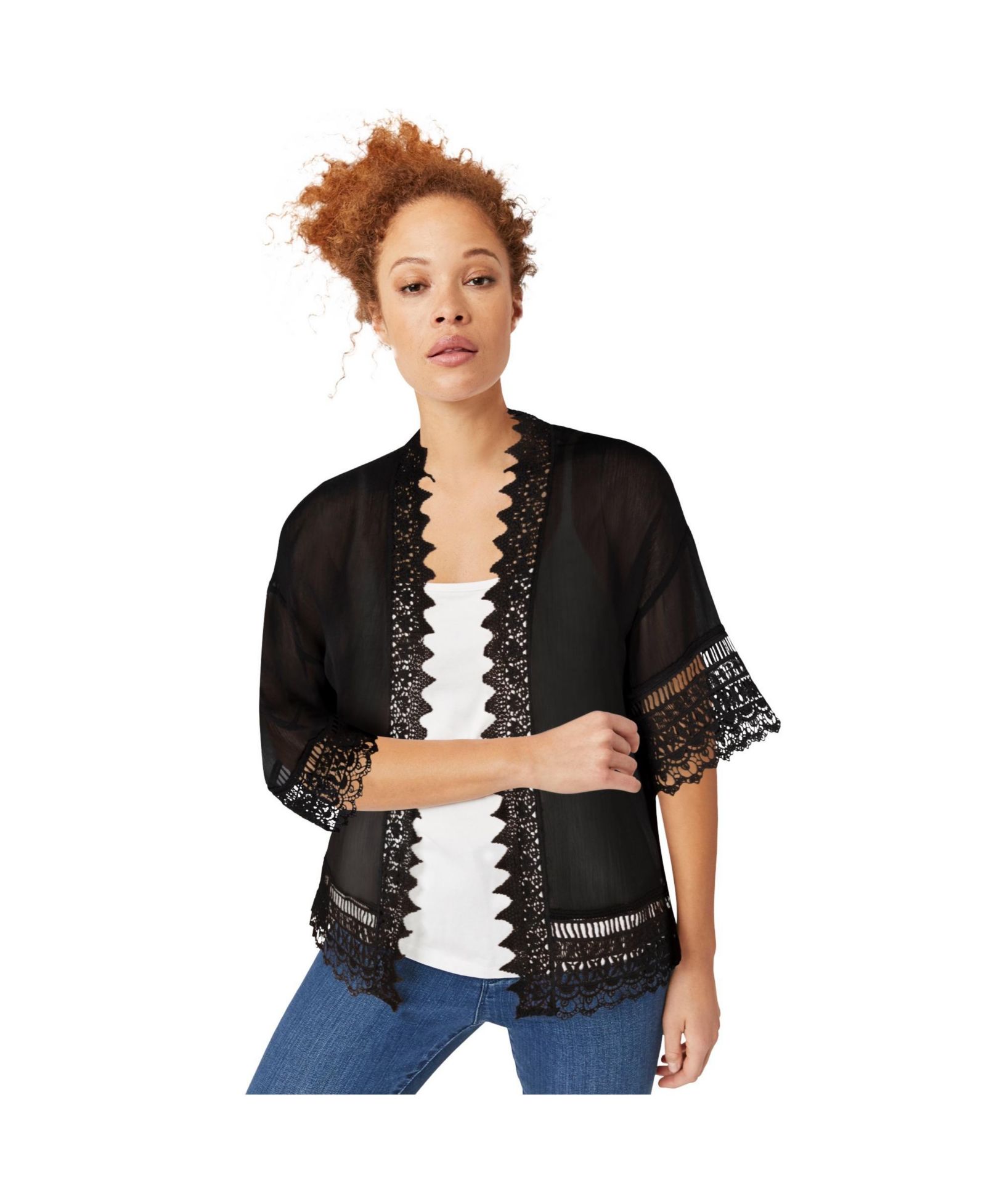 ellos Plus Size Sheer Lace Trim Kimono Cardigan