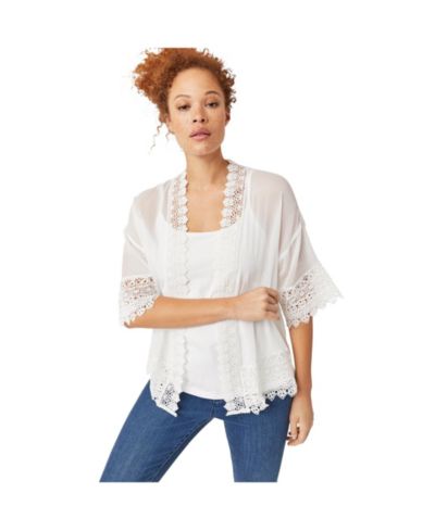 ellos Plus Size Sheer Lace Trim Kimono Cardigan