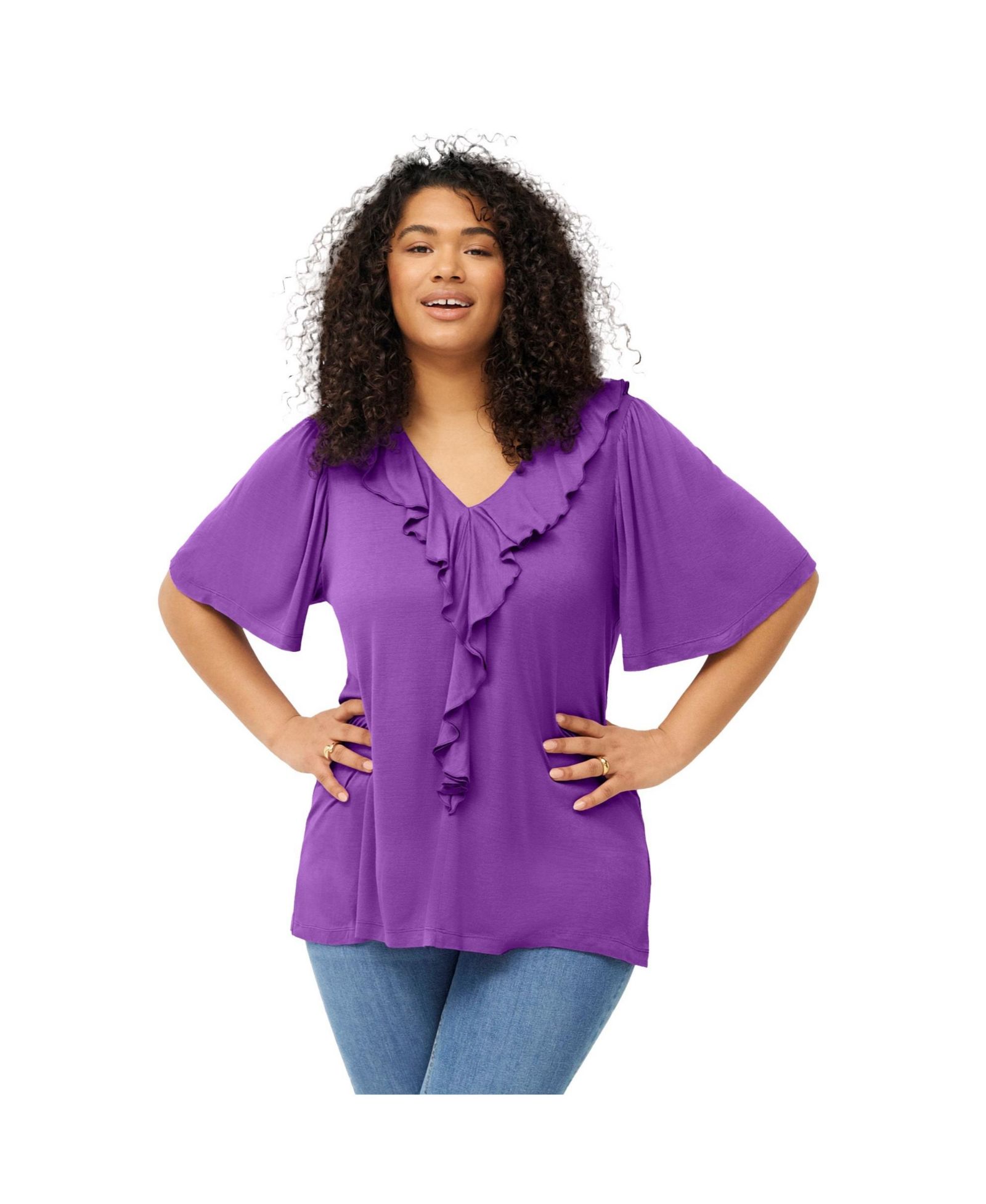 ellos Women's Ruffle Neckline Flutter Sleeve Tunic