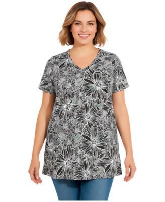 Woman Within Women's Within Perfect Printed Short-Sleeve Shirred V-Neck Tunic