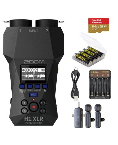 Портативный рекордер Zoom H1 XLR 32-Bit Float, комплект с картой памяти 64GB microSDXC, беспроводным петличным микрофоном и батарейками AA