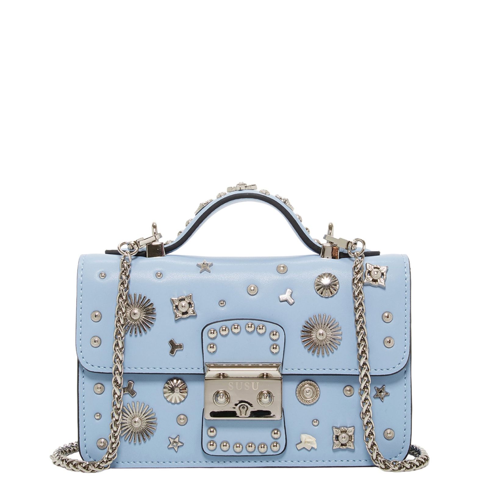 SUSU Small Leather Crossbody Bag Studded Purse Top Handle Structured Handbag