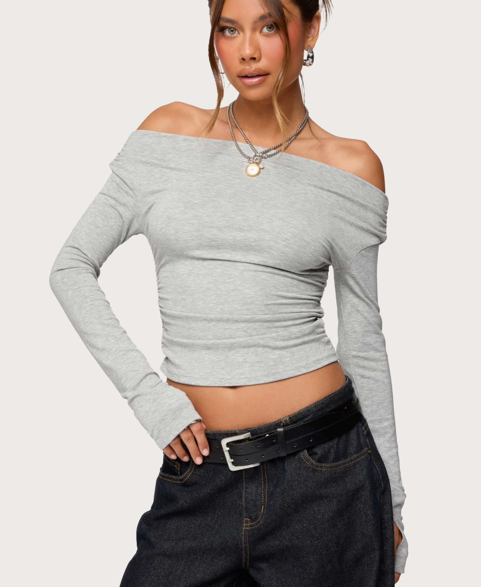 Edikted Women's Milane Ruched Off Shoulder Ribbed Top