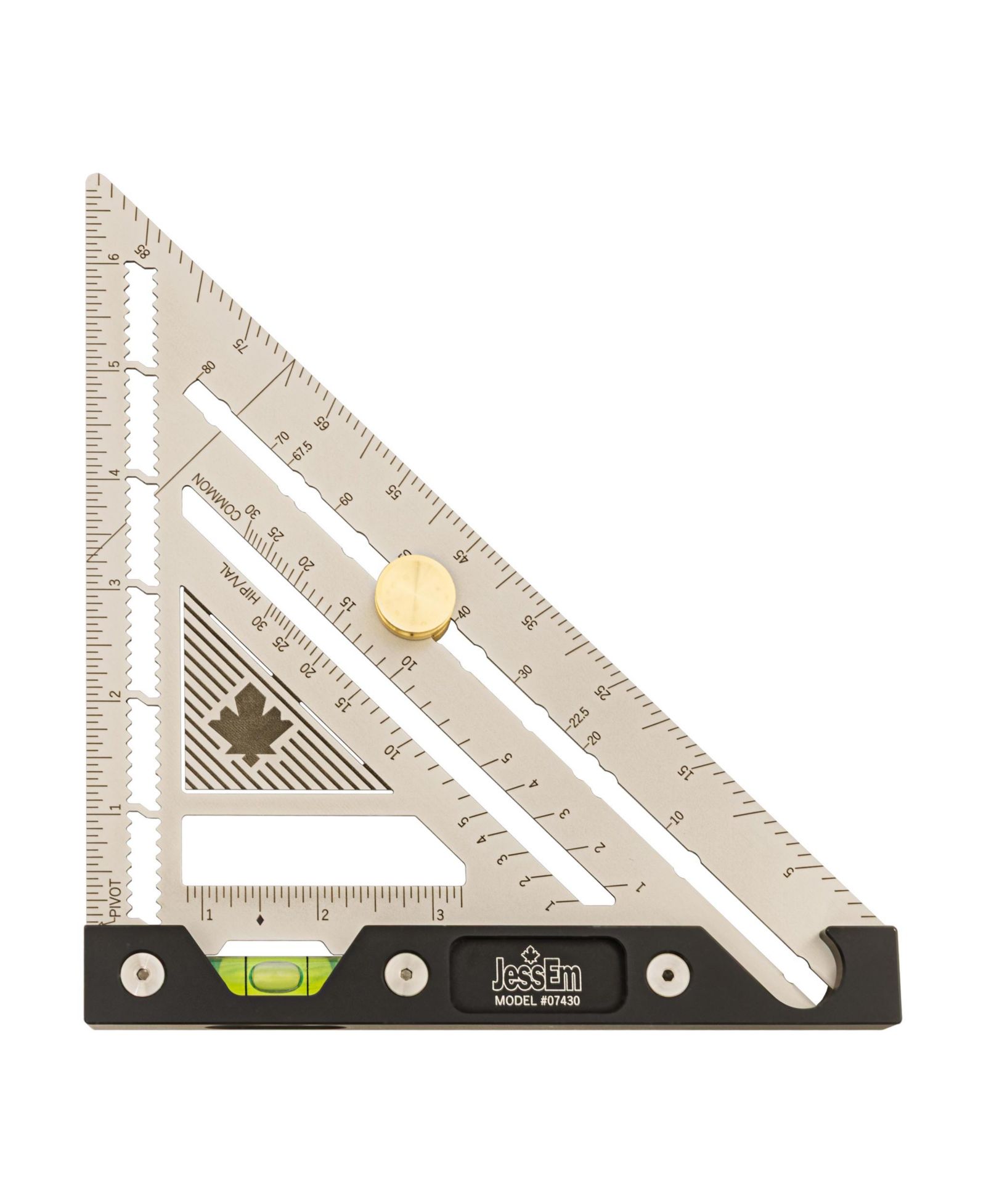 Jessem 07430 Quick Angle Square - Durable 1/16" Stainless Steel Imperial Square with Built-in Level, Non-Slip Flex Grip, Adjustable Angle Stop
