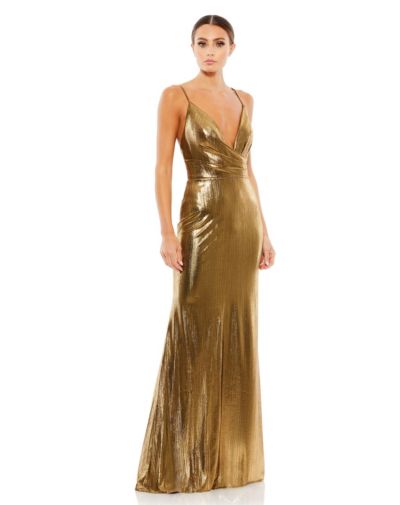 Женское вечернее платье Mac Duggal Ieena Metallic Faux Wrap Spaghetti Strap Gown