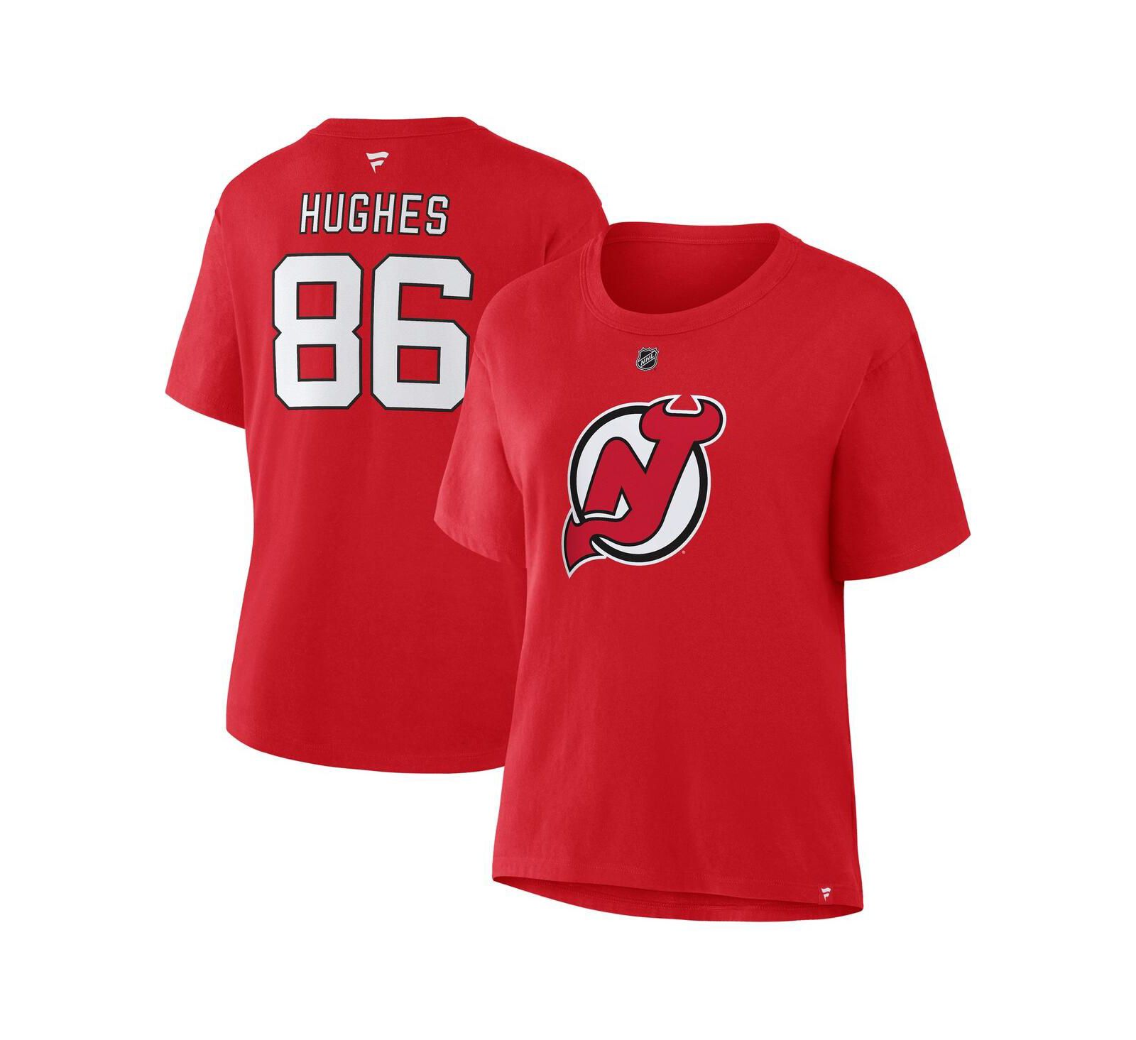 Fanatics Women's Jack Hughes Red New Jersey Devils Authentic Stack Name & Number T-Shirt