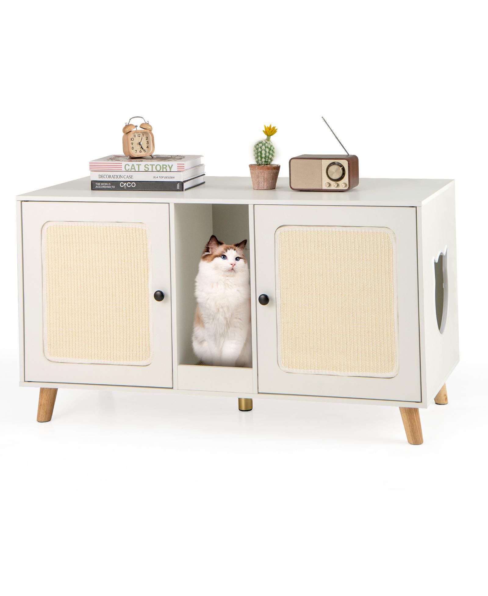 Gymax 43'' Cat Litter Box Enclosure for 2 Cats w/ Double Rooms 2 Sisal Scratching Mats