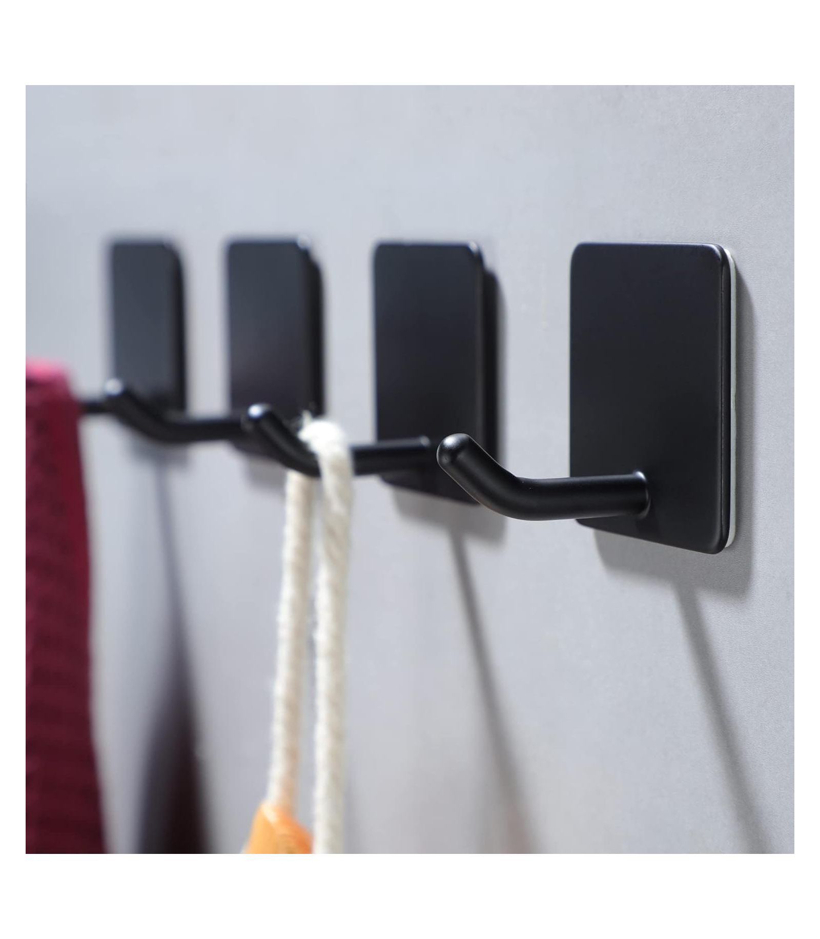 YIGII Adhesive Towel Hooks - 4 Pack Towel Hooks for Hanging Robes Coat Hooks Stick on Wall Hooks Stainless Steel, Matte Black