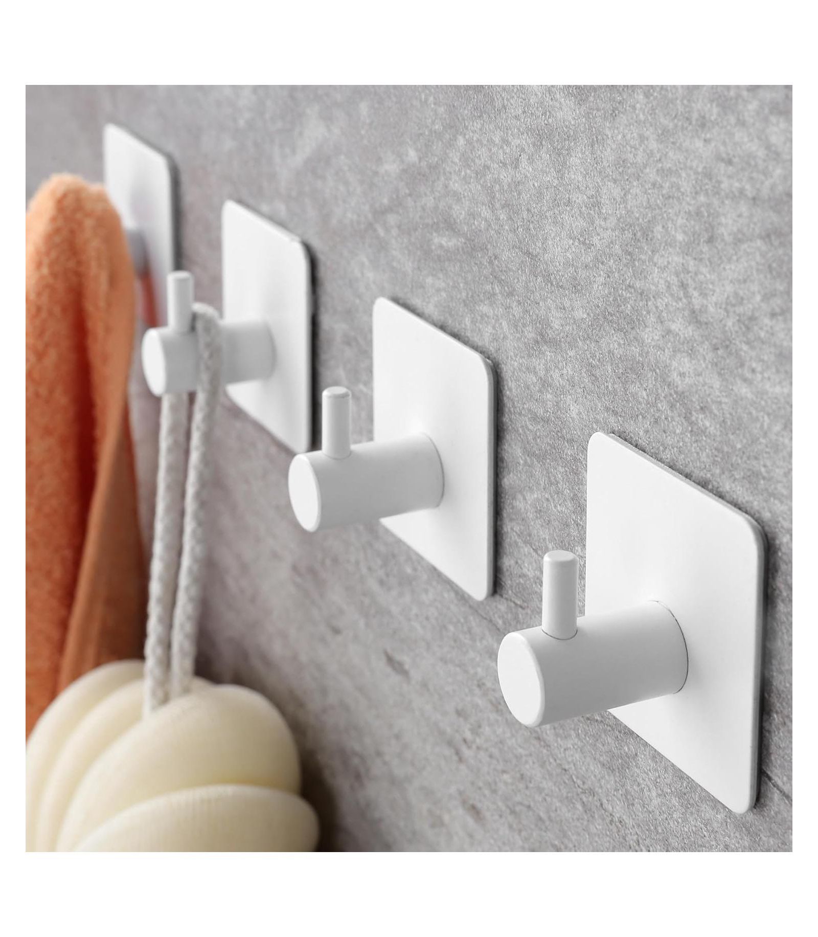 Adhesive Hooks - Towel Hook Heavy Duty Wall Hooks Stick on for Hanging Robe/Coat in Bathroom, Bedroom, SUS-304 Stainless Steel White 4 Packs