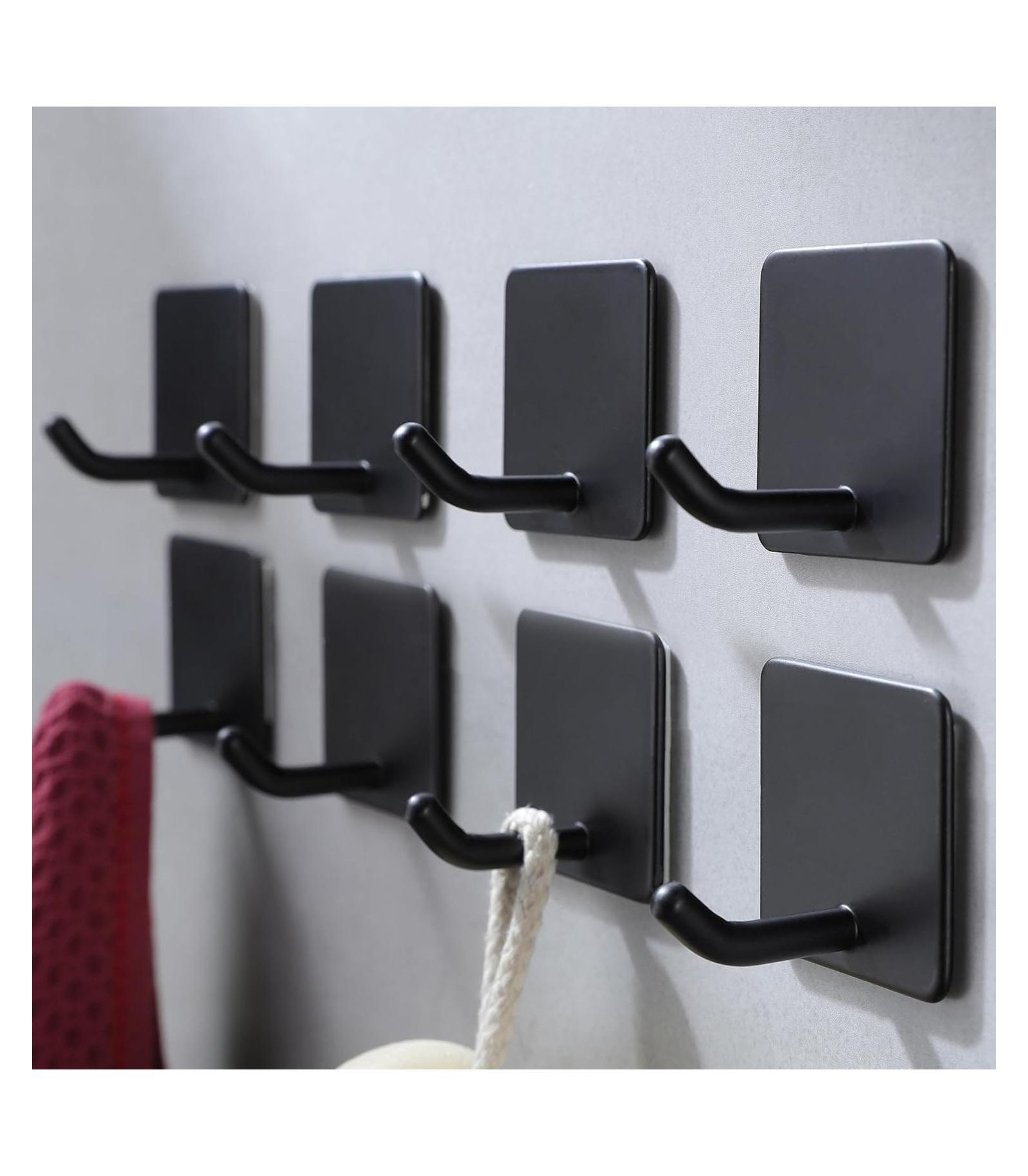8 Pack Towel Hooks - Adhesive Wall Hooks for Hanging Sticky on Hooks Robes Closet Coat Hooks No Damage Heavy Duty Stainless Steel, Matte Black