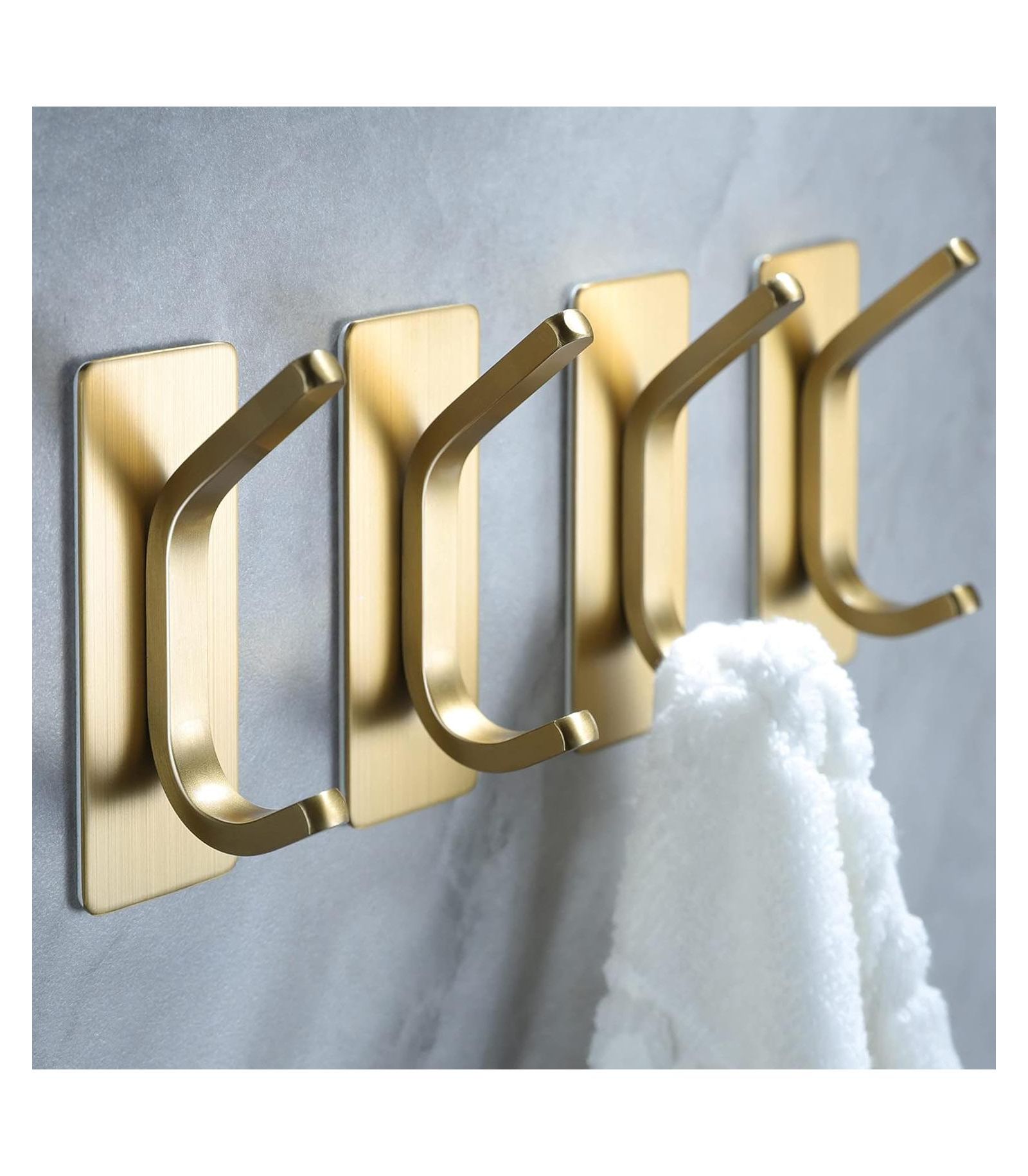 Towel Hooks/Adhesive Hooks - Brushed Gold Wall Hooks for Hanging Coat, Hat, Towel Robe Hook, Bathroom and Bedroom 4-Packs, Stainless Steel