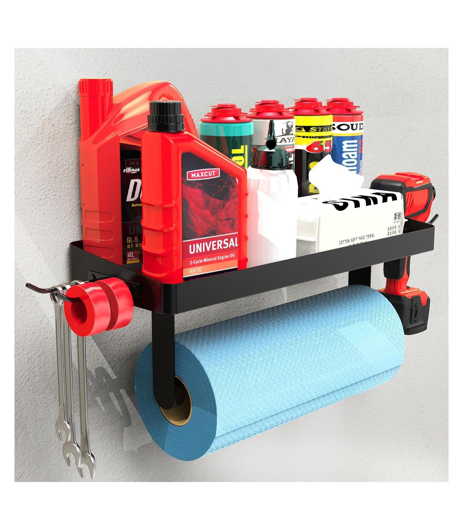 YIGII 15"L x 5.5"W Garage Paper Towel Holder with Shelf - Wall Mount Paper Towel Holder with 4 Hooks, Single-Hand Tear Paper Towel Tissue Holder