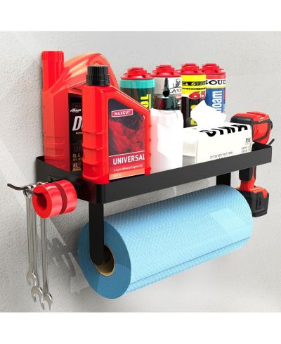 YIGII 15"L x 5.5"W Garage Paper Towel Holder with Shelf - Wall Mount Paper Towel Holder with 4 Hooks, Single-Hand Tear Paper Towel Tissue Holder