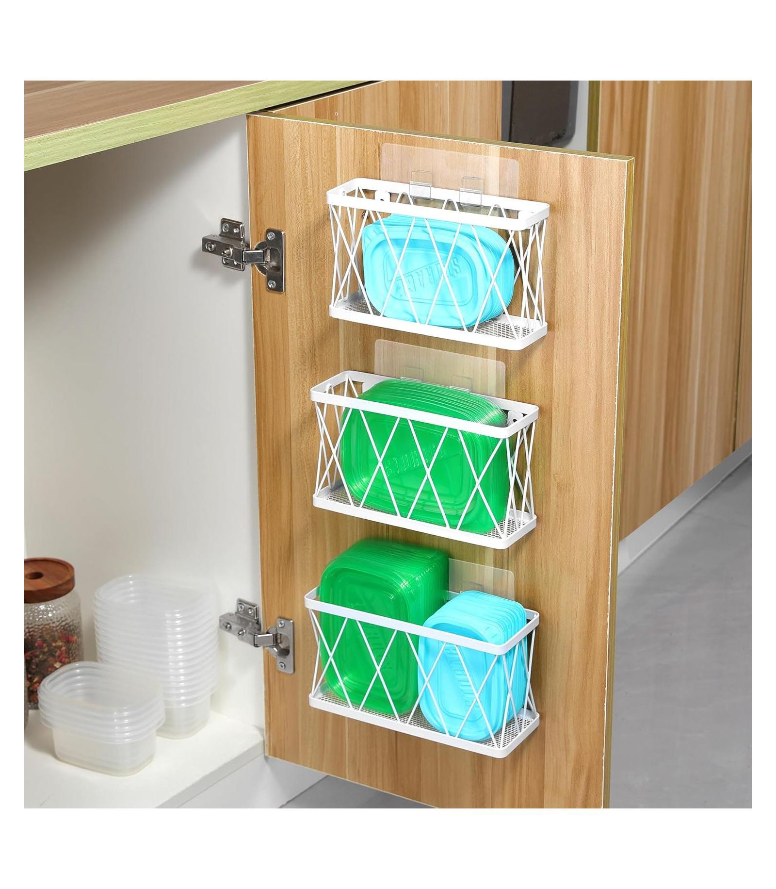 YIGII 3 Pack Adhesive Cabinet Door Organizer - Lid Storage Organizer for Tupperware, Wall Mounted Pantry Door Organizer Kitchen RV Storage Wall
