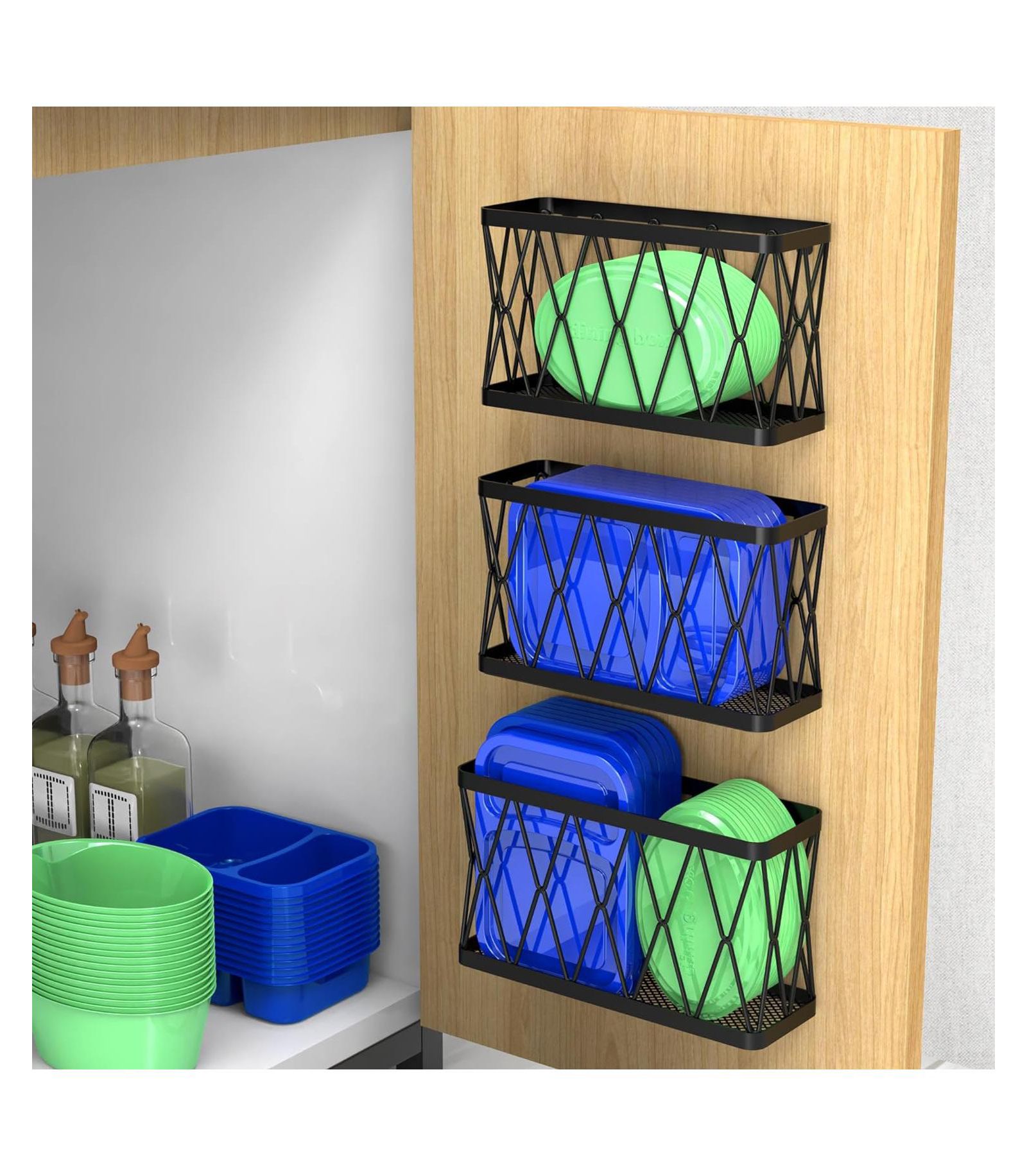 YIGII 3-Pack Adhesive Cabinet Organizer – Wall-Mounted Pantry & Under-Sink Storage Bins for Lids, Slim Space Saver, Black