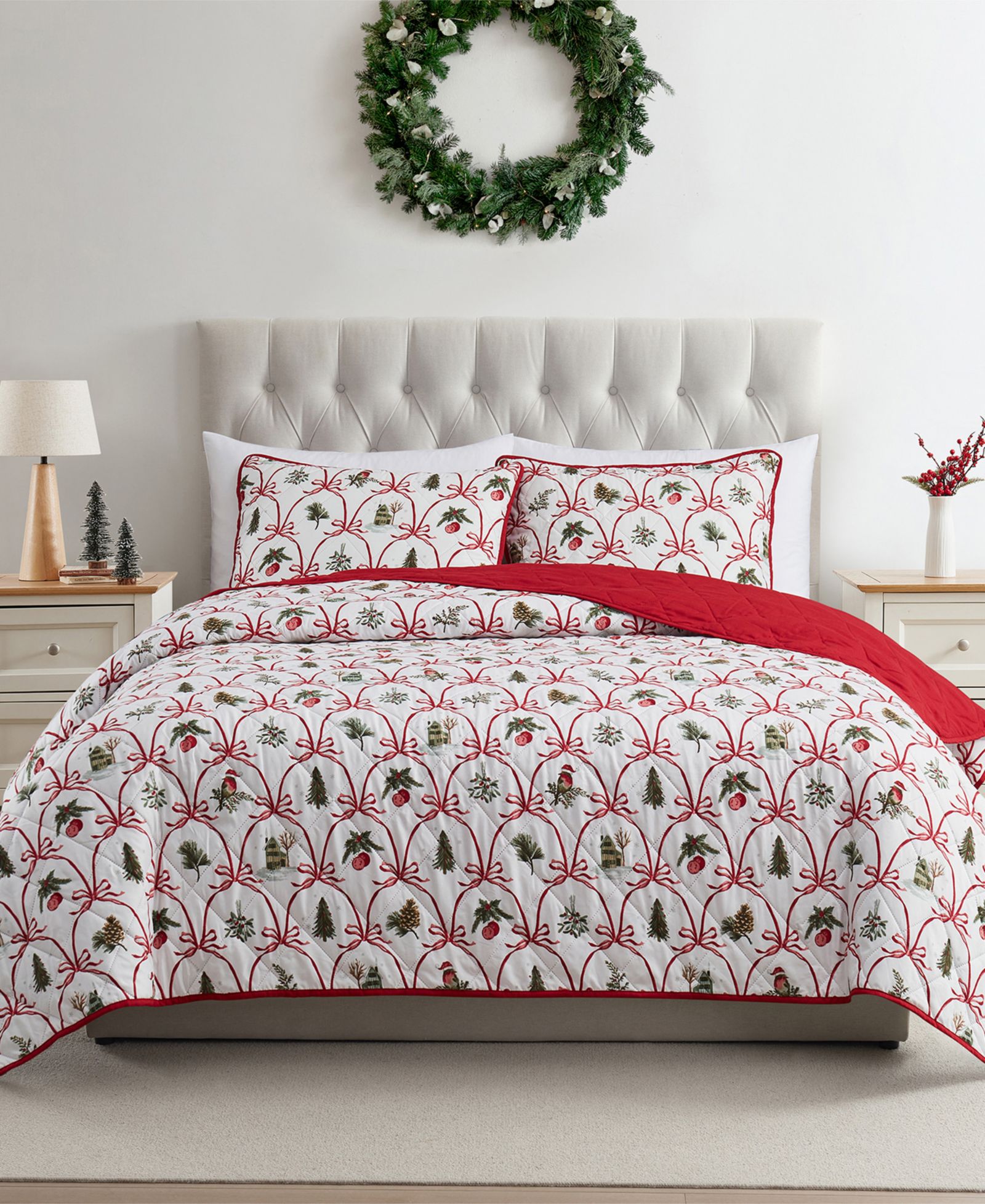 VCNY Home Christmas Bow Microfiber 3-Pc. Quilt Set, Full/Queen