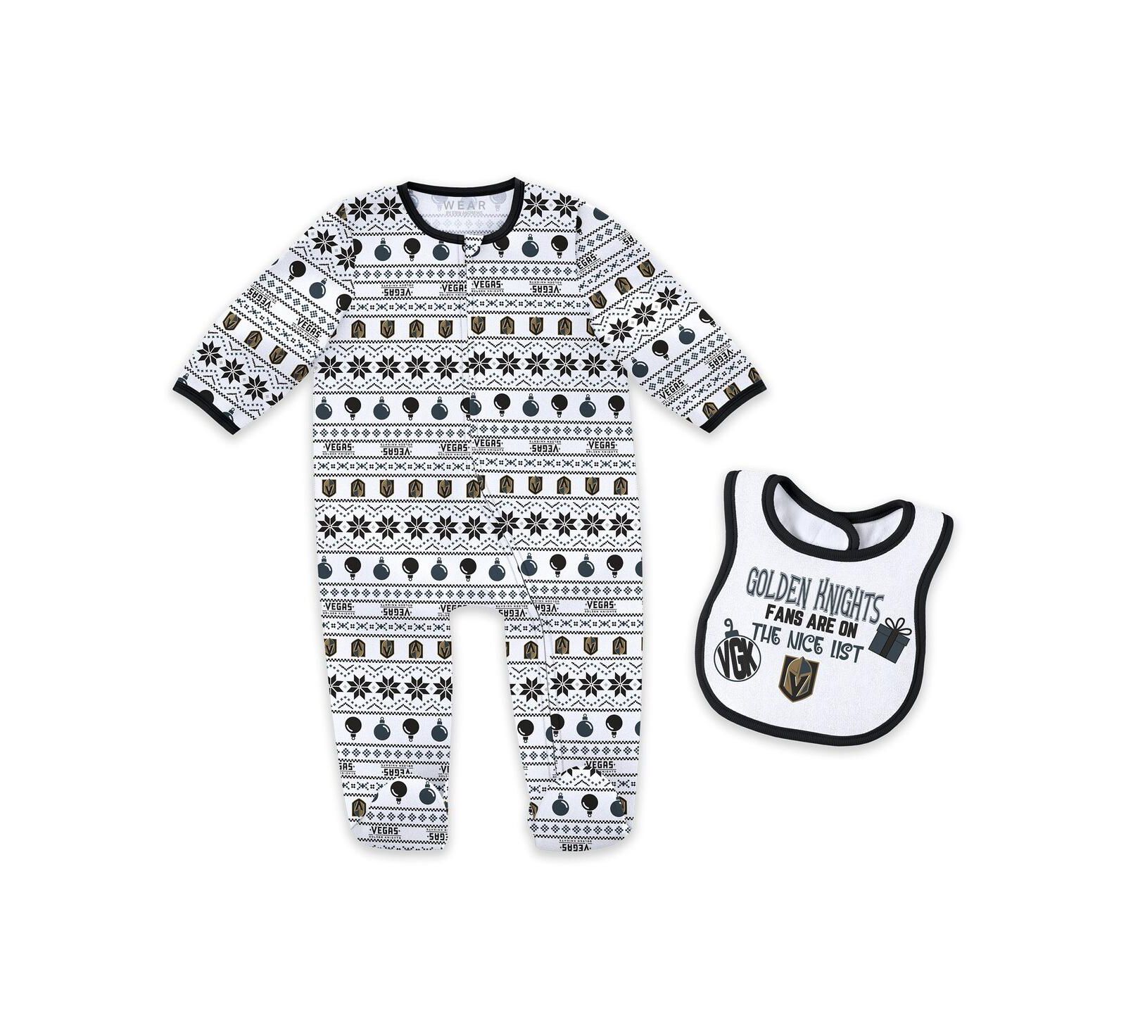 WEAR by Erin Andrews Newborn 2-Piece Vegas Golden Knights Allover Print Full-Zip Sleeper and Bib Christmas Set