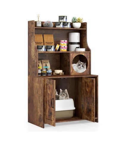 Gymax Large Wooden Cat Litter Box Enclosure w/ Storage Shelves Condo End Table