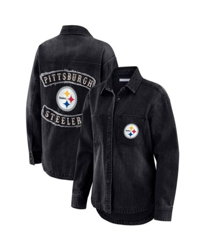 WEAR by Erin Andrews Women's Black Pittsburgh Steelers Washed Oversized Denim Full-Snap Shacket