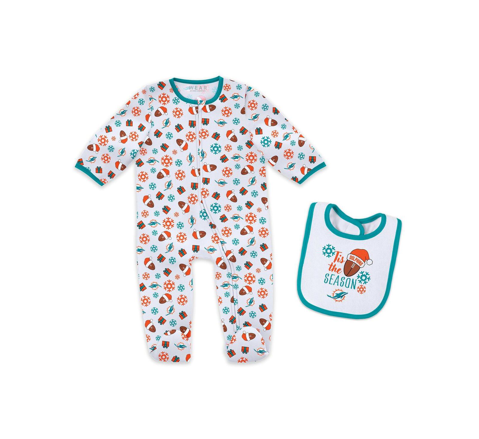 WEAR by Erin Andrews Baby Boys and Girls Newborn 2-Piece Miami Dolphins Holiday Full-Zip Sleeper and Bib Set