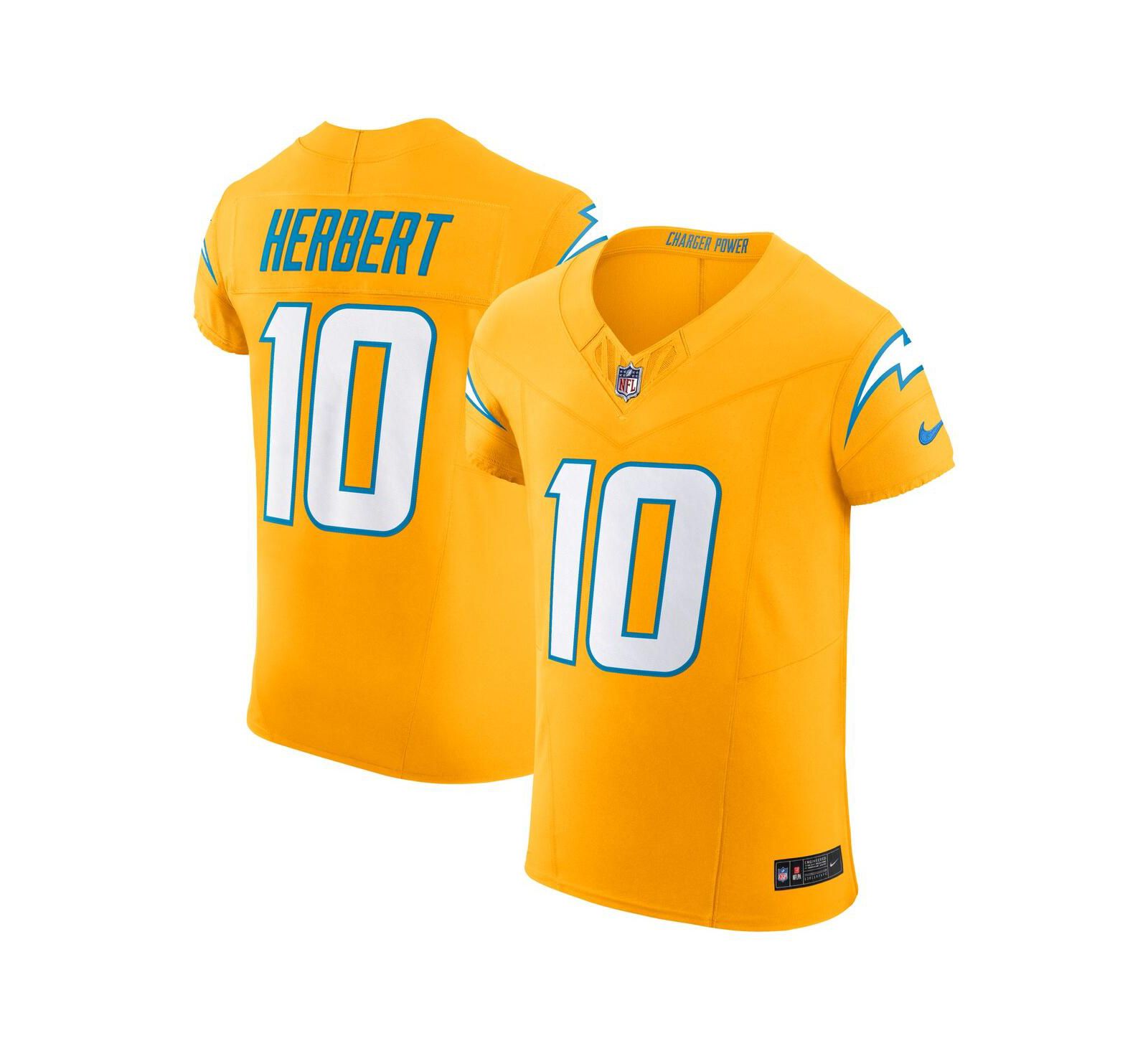 Мужская джерси Nike Justin Herbert Gold Los Angeles Chargers Alternate Charger Power Vapor F.U.S.E. Elite