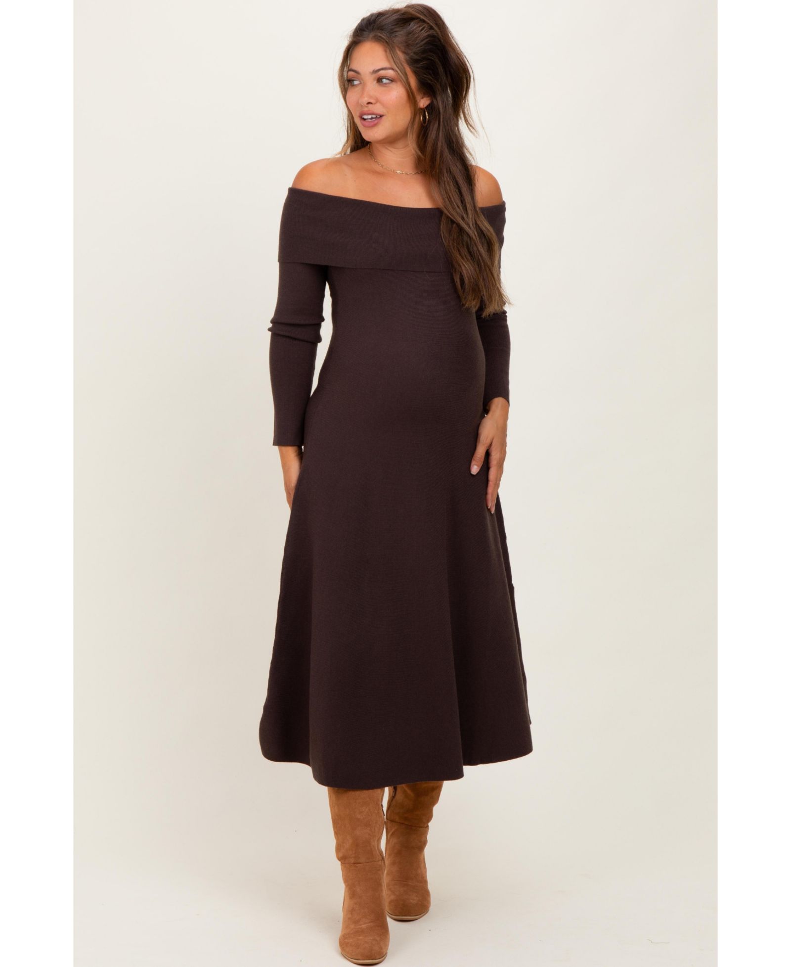 Материнское Pinkblush Brown Off Shoulder Sweater Midi платье
