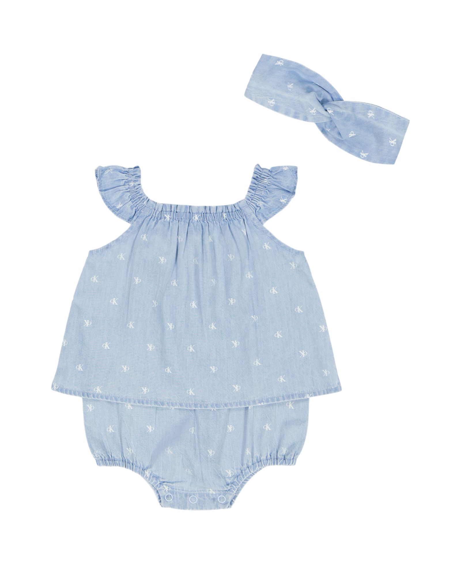 Calvin Klein Baby Girls' Monogram Print Denim Sunsuit and Headband