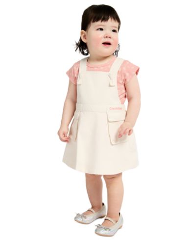 Calvin Klein Baby Girls' Ribbed Printed Bodysuit & Denim Overall, 2-Piece Set