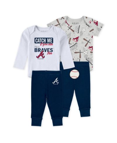WEAR by Erin Andrews Baby Boys and Girls 3-Piece Heather Gray/White/Navy Atlanta Braves Turn Me Around Bodysuits and Pants Set