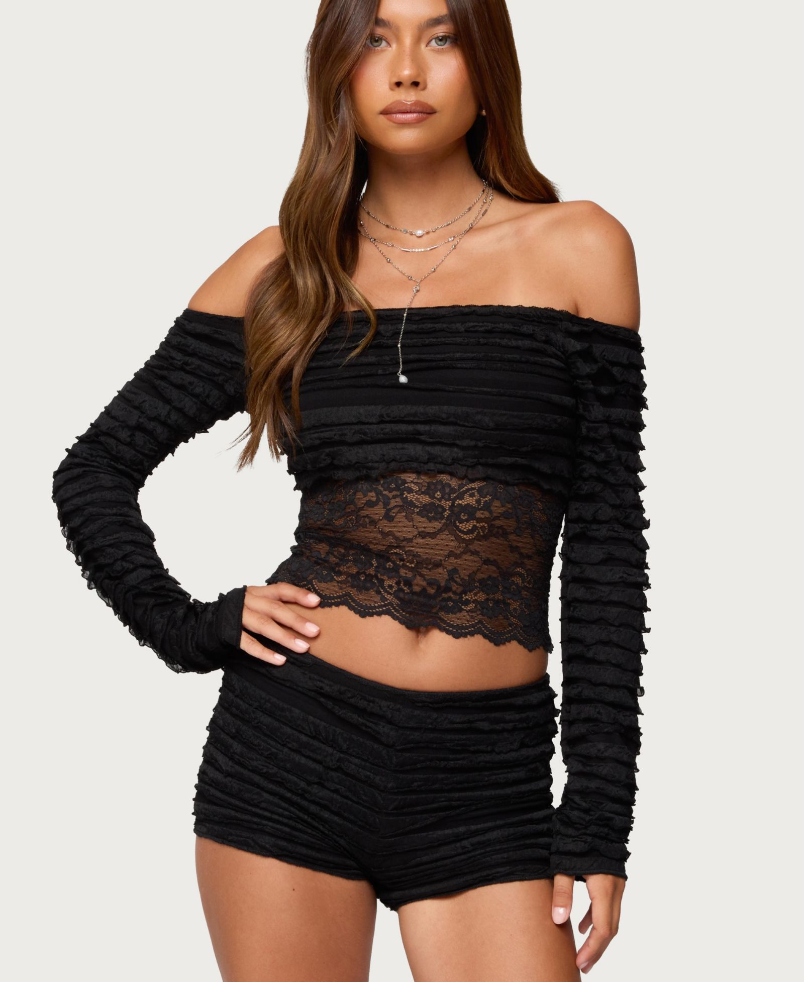 Edikted Women's Tauri Lacey Ruffled Off Shoulder Top