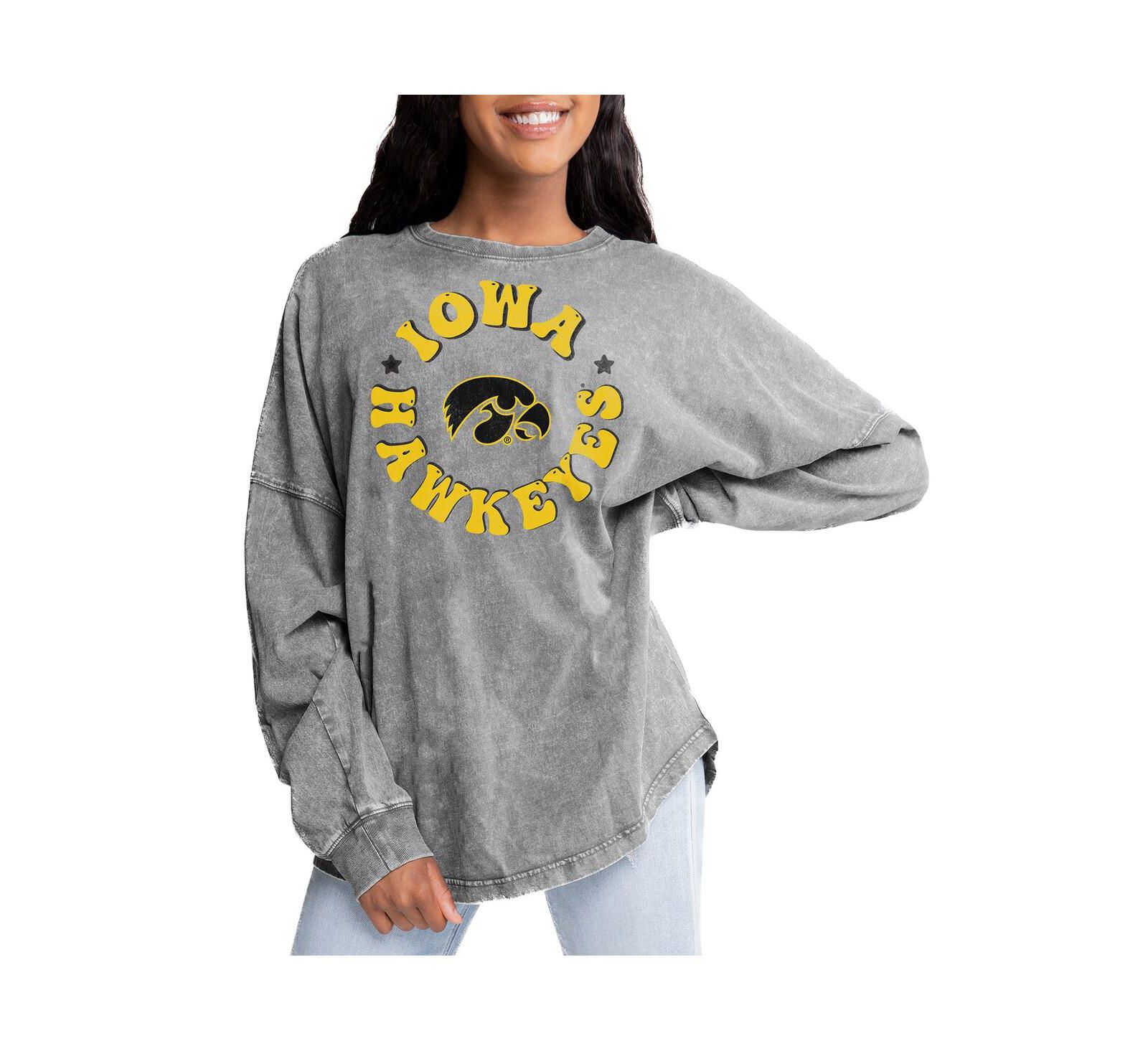 Женская футболка Gameday Couture Gray Iowa Hawkeyes Playing Around Faded Wash Oversized Long Sleeve