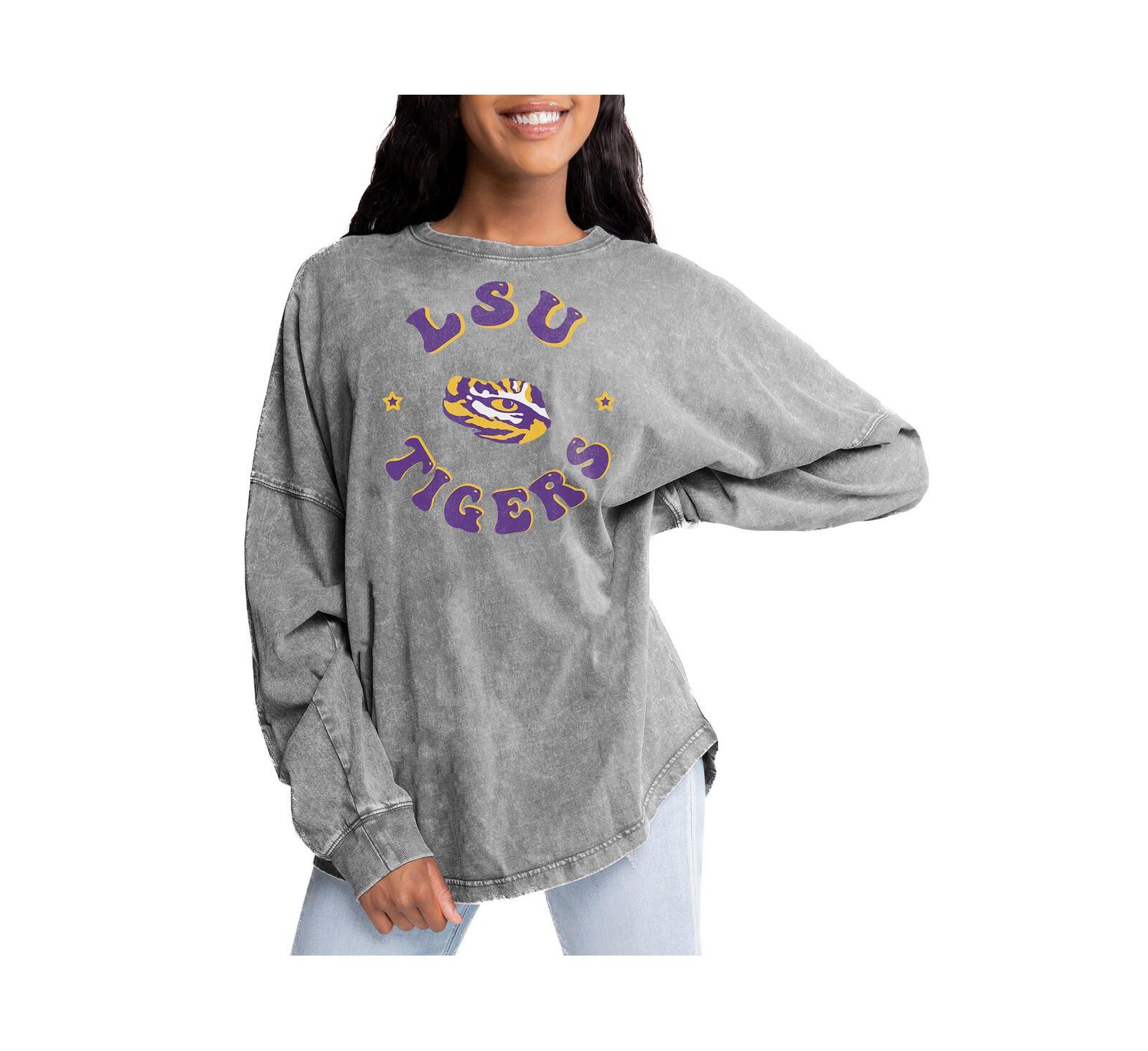 Gameday Couture Women's Gray LSU Tigers Playing Around Faded Wash Oversized Long Sleeve T-Shirt