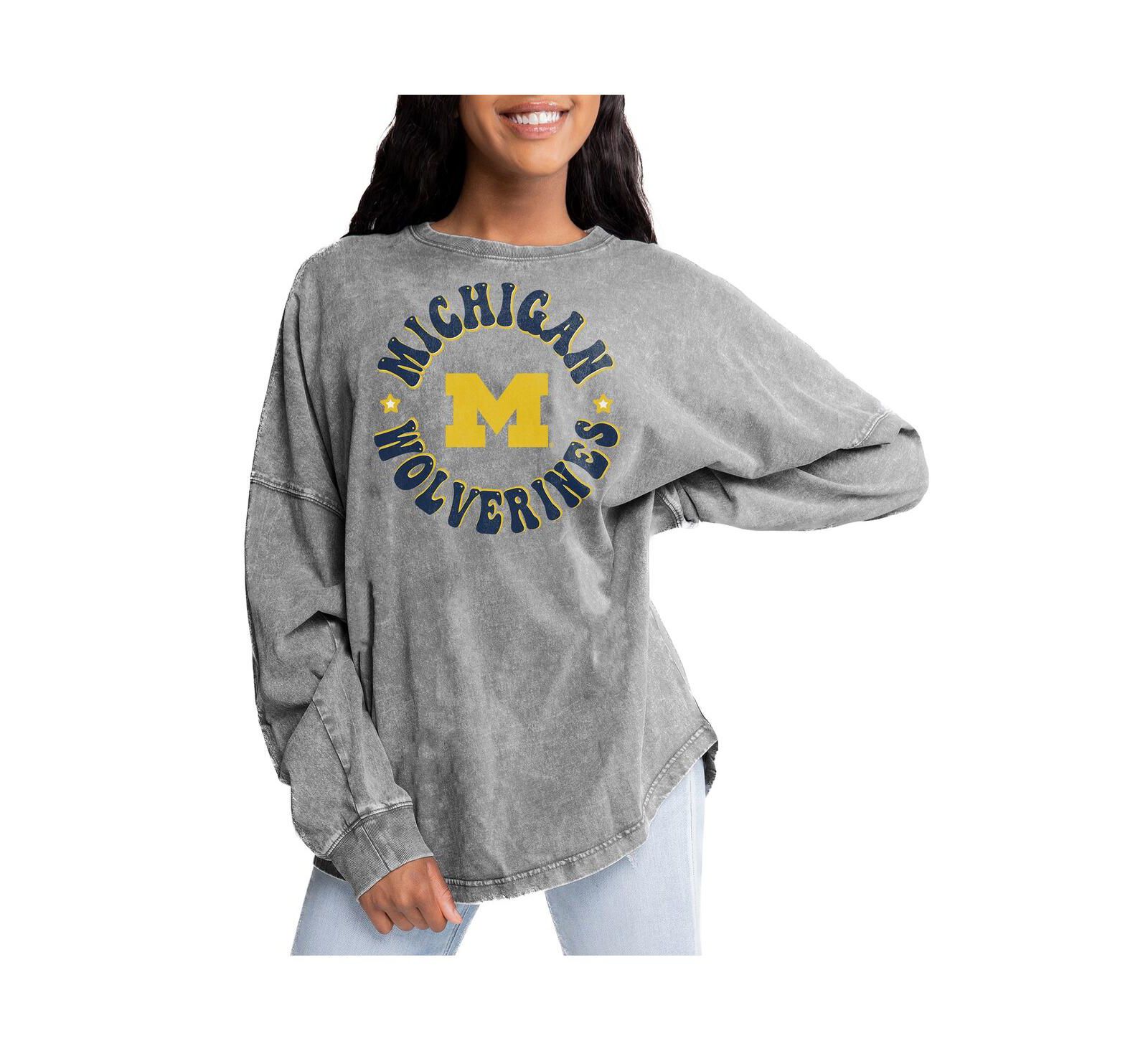 Женская футболка Gameday Couture Gray Michigan Wolverines Playing Around Faded Wash Oversized Long Sleeve