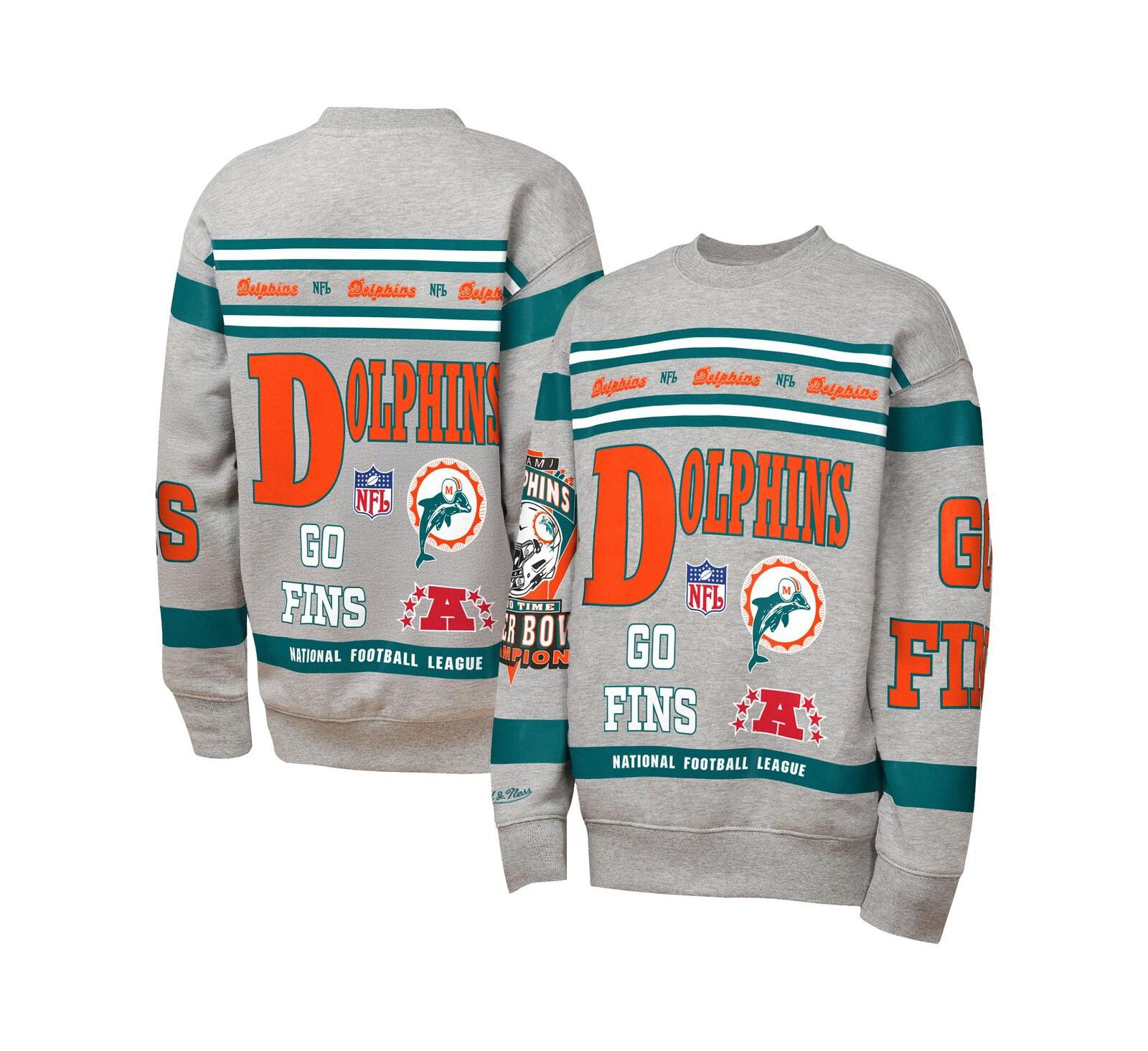 Флисовая толстовка Mitchell & Ness Big Boys and Girls Gray Miami Dolphins Throwback All-Over Print
