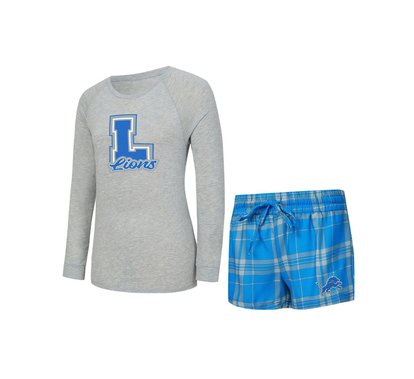 Concepts Sport Женский 2-Piece Heather Gray/Blue Detroit Lions Regulate Plaid Long-Sleeve T-Shirt Shorts Sleep Set