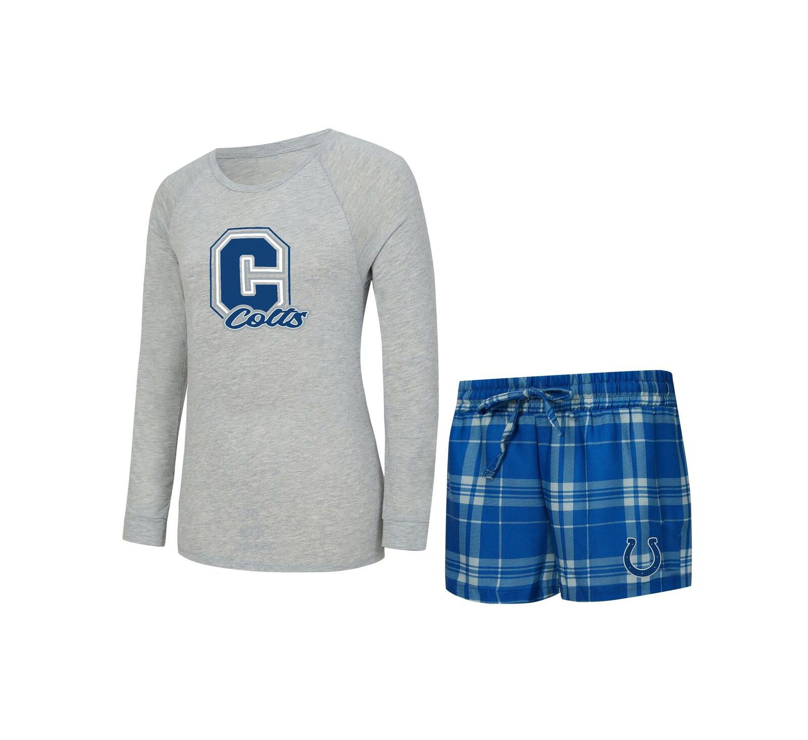 Женский Concepts Sport 2-Piece Heather Gray/Royal Indianapolis Colts Regulate Plaid Long-Sleeve T-Shirt Shorts Sleep Set