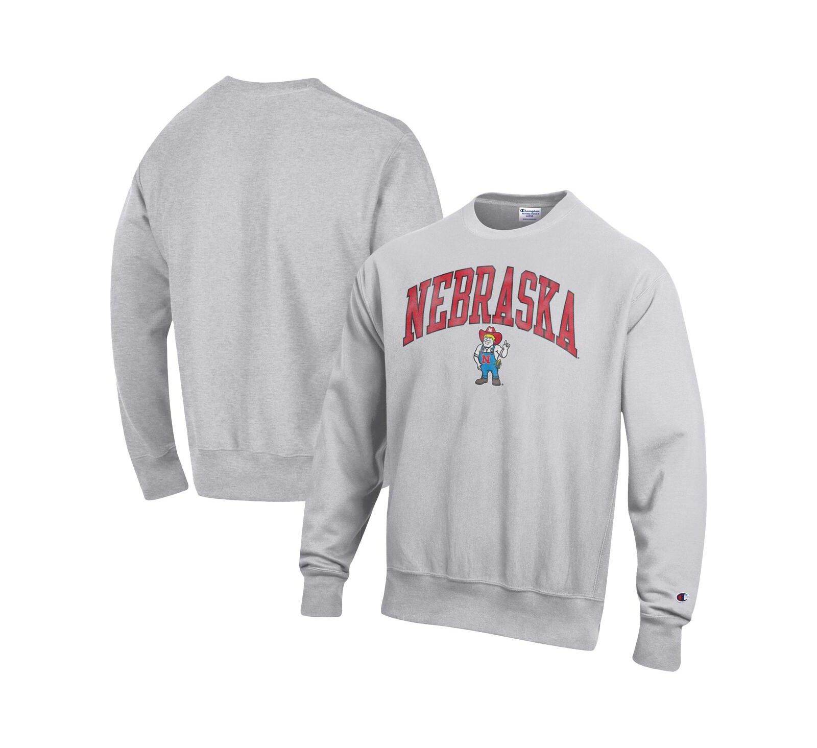 Мужское свитшот Champion Gray Nebraska Huskers Distressed Arch Over Logo Reverse Weave Crew Neck